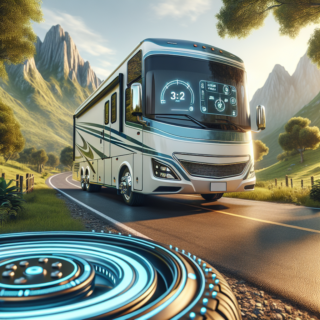 An RV parked on a scenic road with trees and mountains in the background.