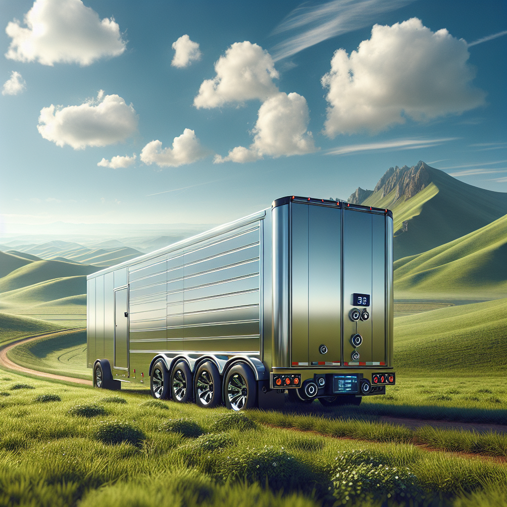 A modern trailer with temperature monitoring sensors parked on a scenic road.