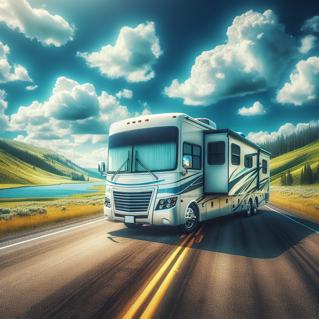 A recreational vehicle parked on a scenic highway surrounded by green hills and a blue sky.