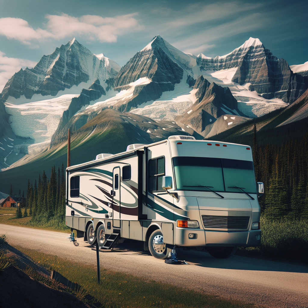 An RV parked beside scenic mountains, highlighting equipped tires.