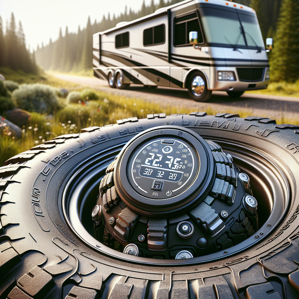 A close-up of an RV tire with a tire pressure monitoring system displayed.