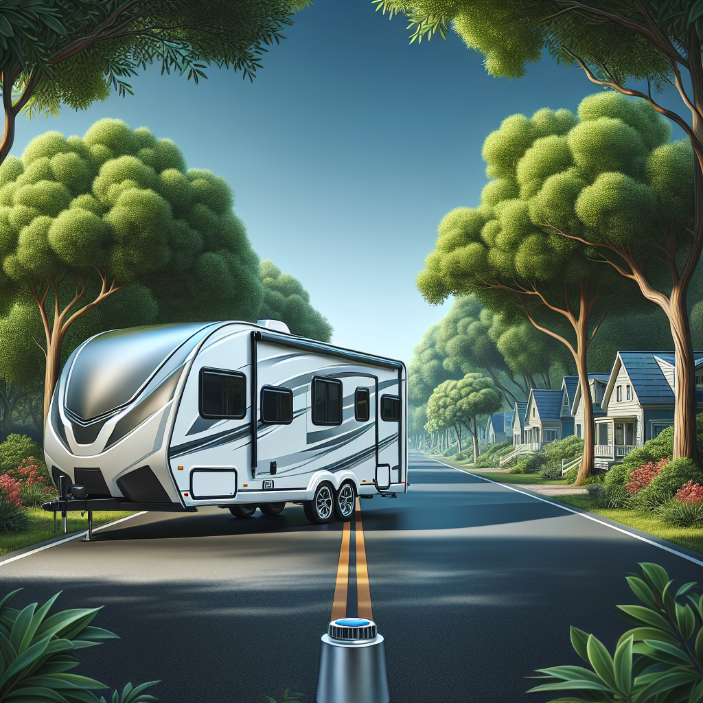 An RV trailer parked on a road with trees, showcasing tire pressure monitoring system sensor.