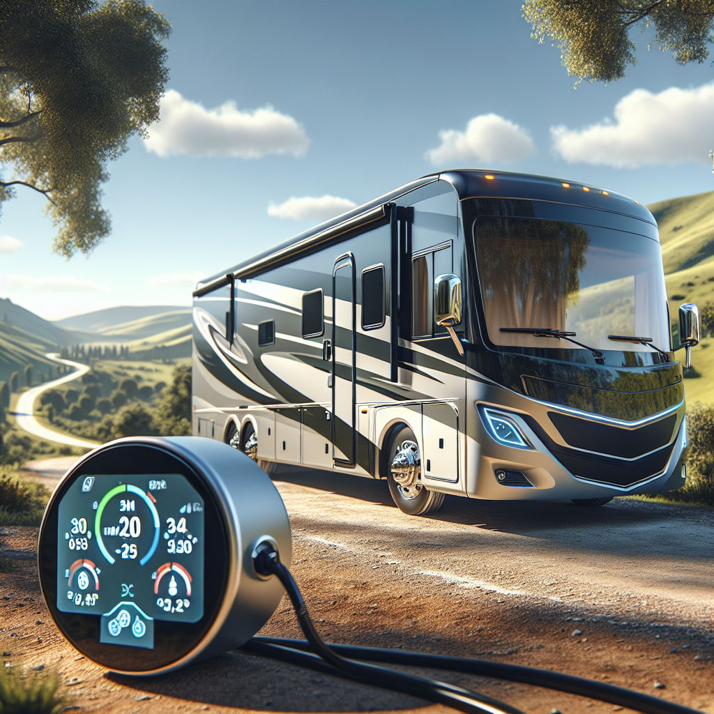 A modern RV parked in a scenic landscape with a tire pressure monitoring system visible.