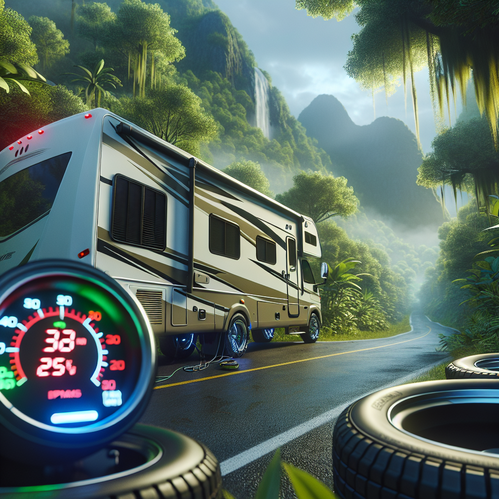A modern RV showing its tire pressure monitoring system on a scenic road.