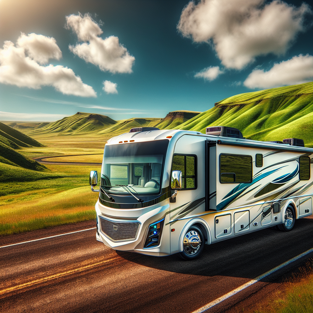A recreational vehicle parked on an open road with a scenic background.