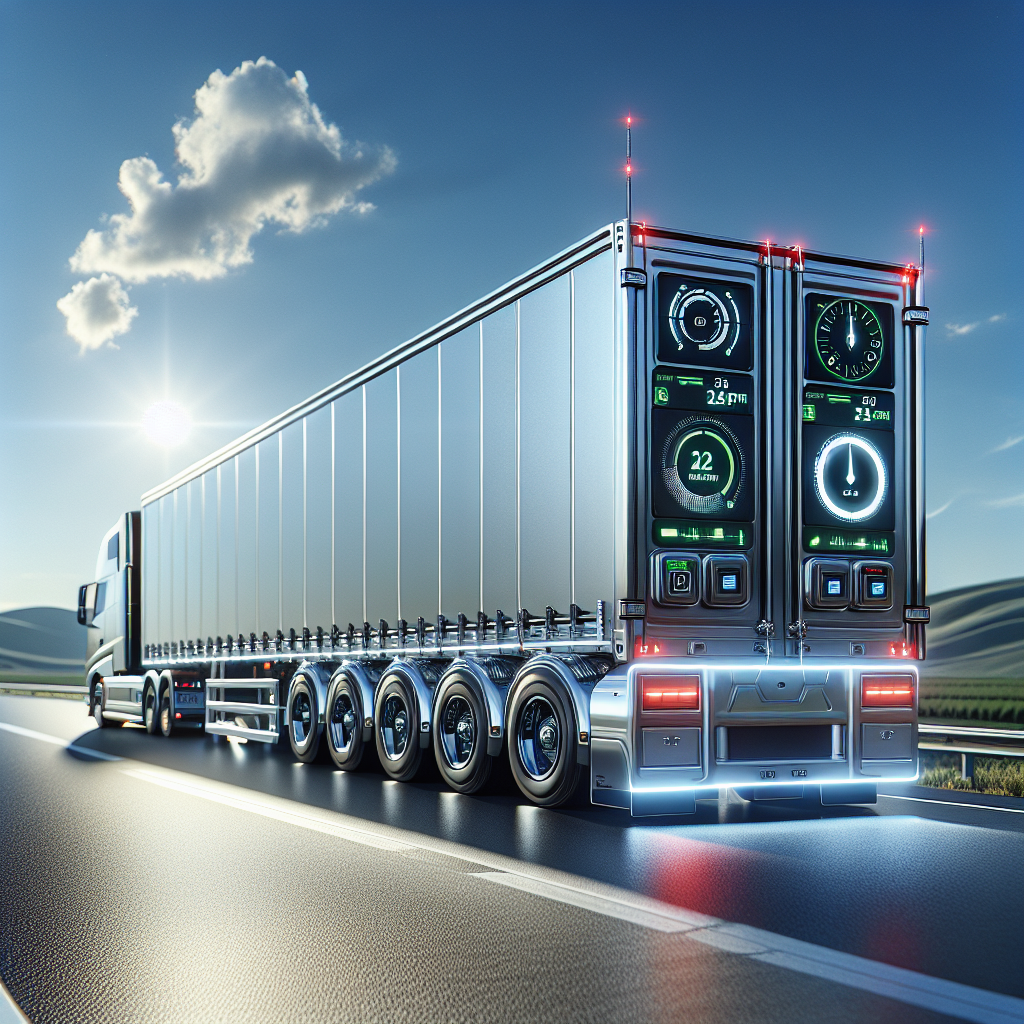A modern trailer with temperature monitoring sensors on a highway.