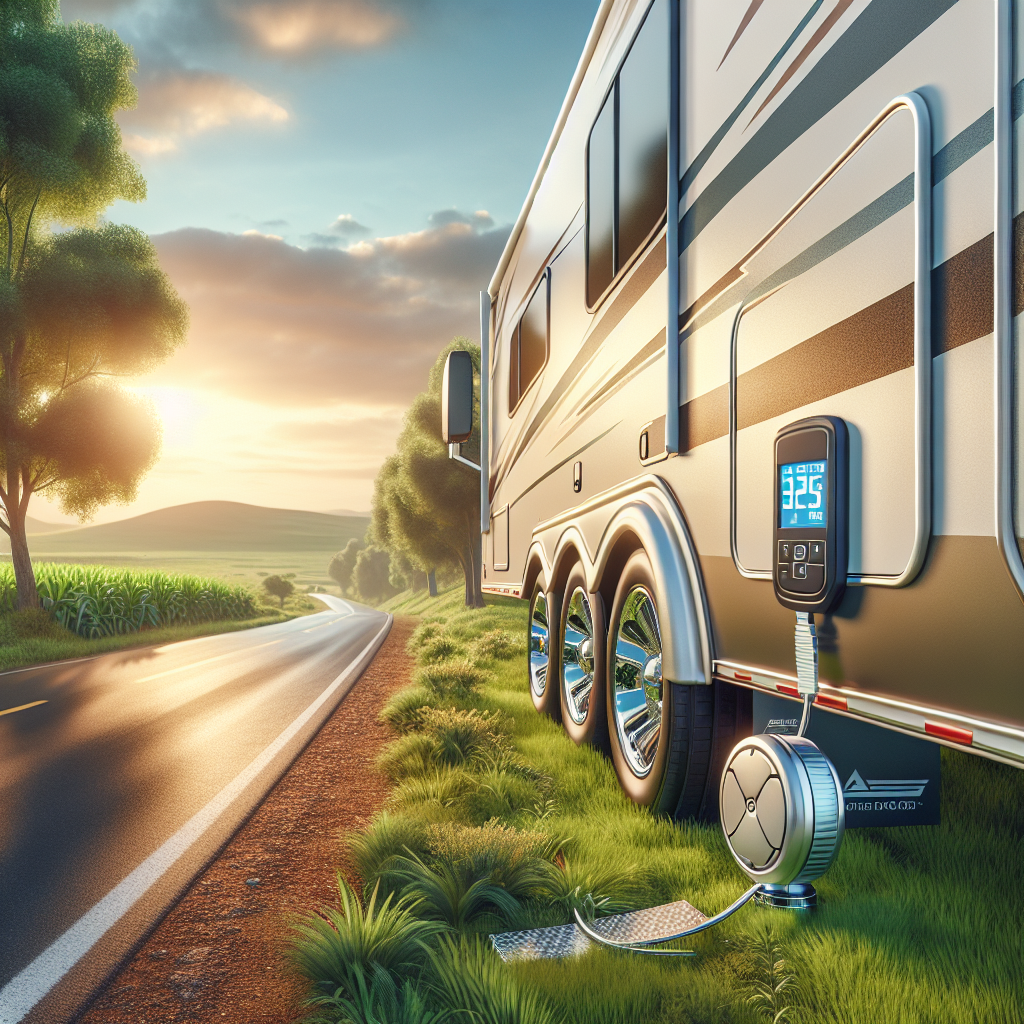 An RV trailer with TPMS sensors parked on a scenic roadside.