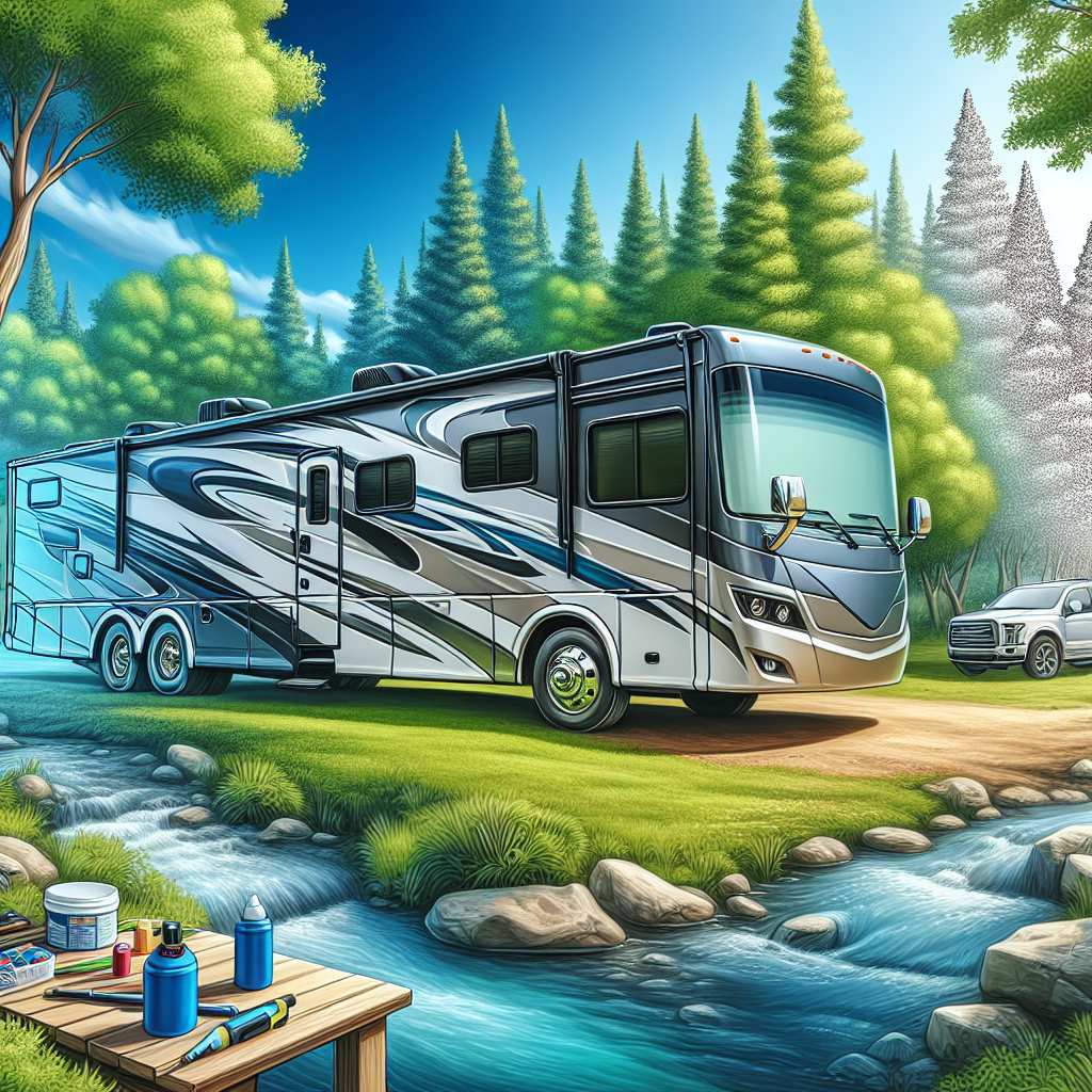 An RV with a tire pressure monitoring system in a scenic campground.