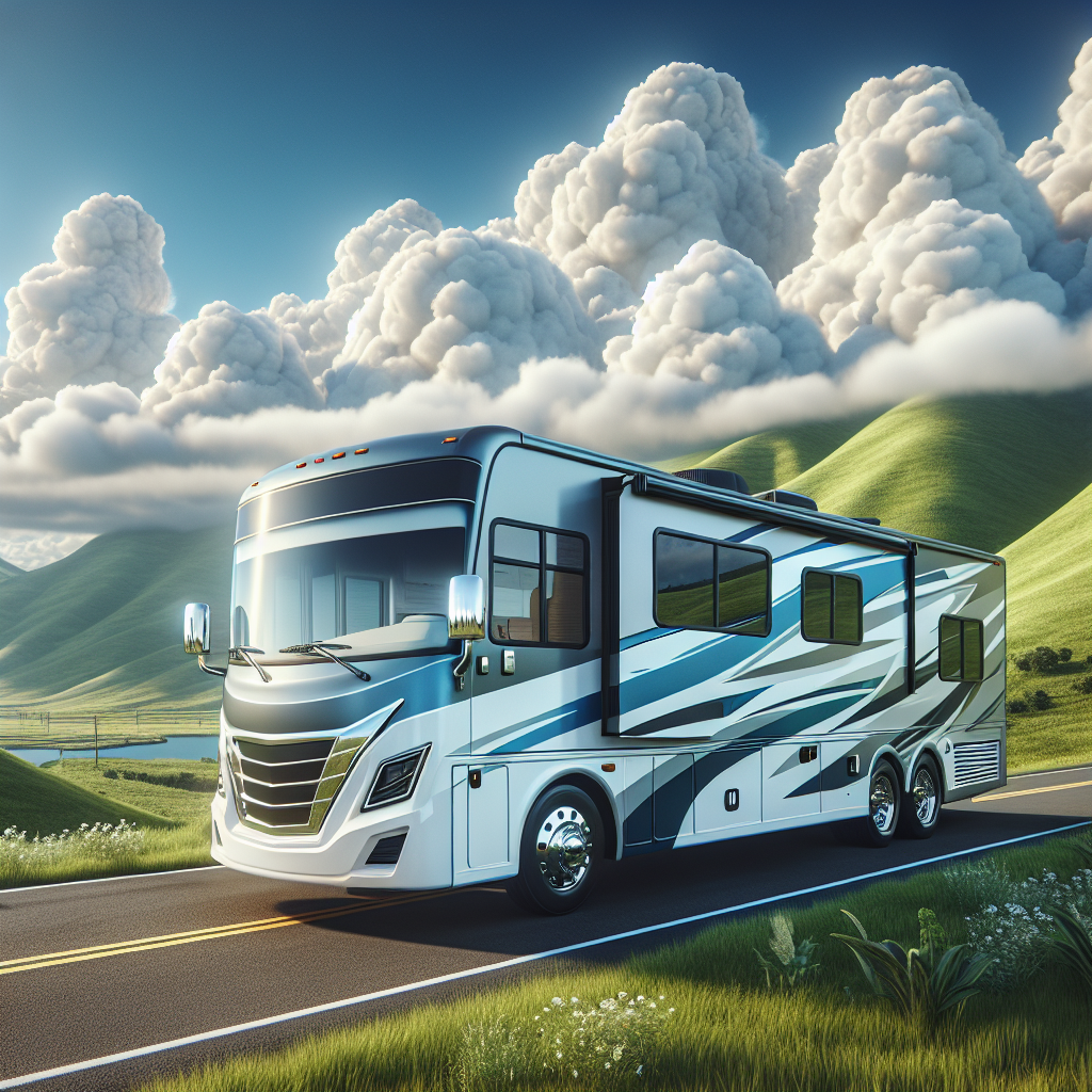 A recreational vehicle parked in a scenic landscape with green hills and blue sky.
