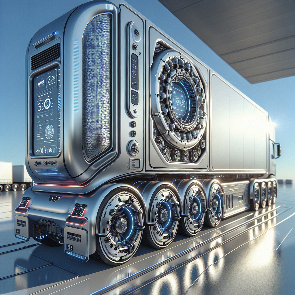A high-tech trailer with temperature monitoring features parked under a blue sky.