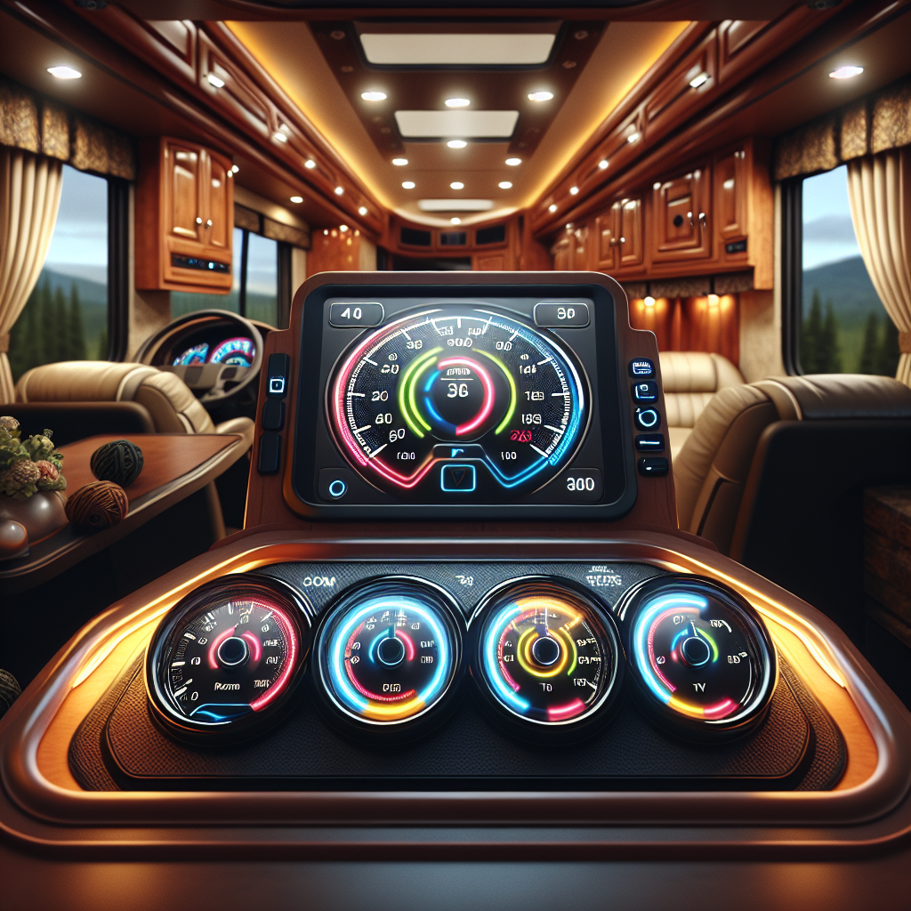 A close-up of an RV dashboard displaying a Tire Pressure Monitoring System.