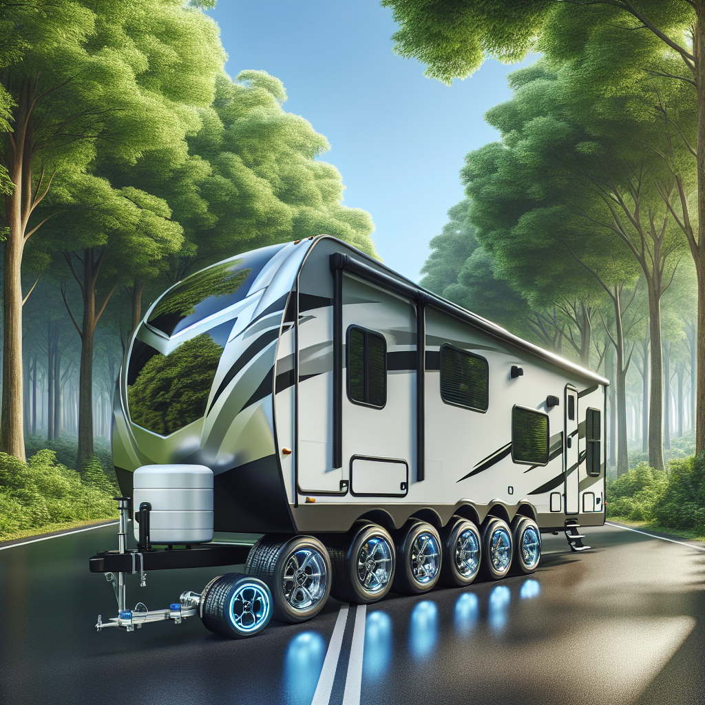 A modern RV trailer showcasing advanced tire pressure monitoring sensors on a scenic road.