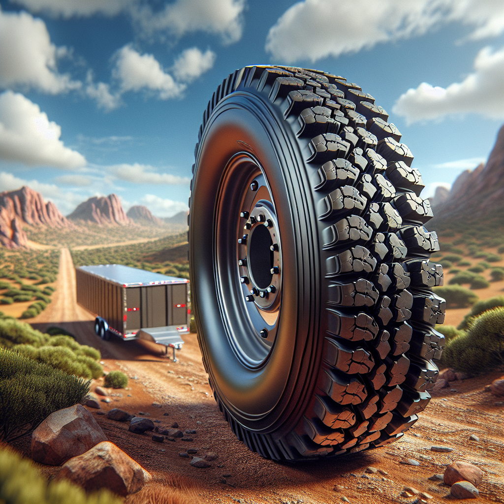 A rugged trailer tire against a dirt road landscape.
