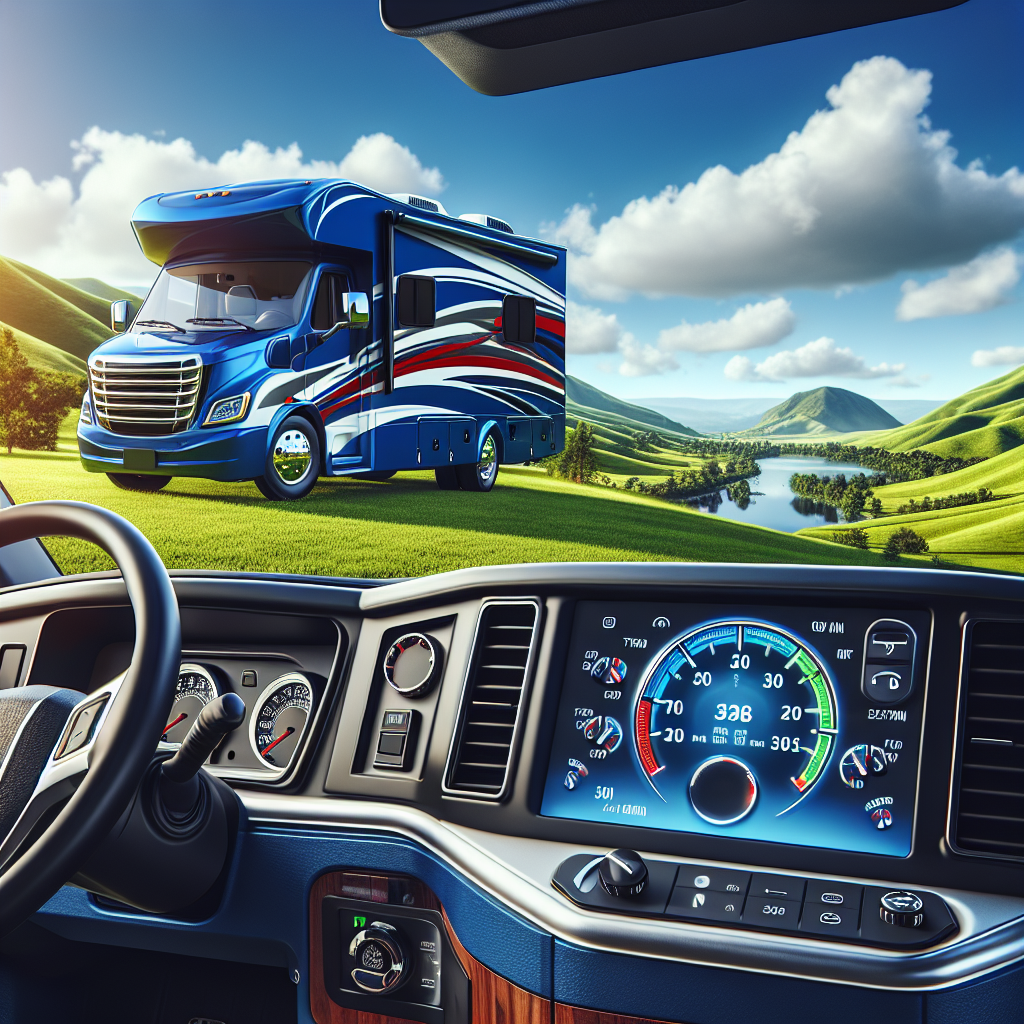 A realistic RV with a Tire Pressure Monitoring System parked in a scenic landscape.