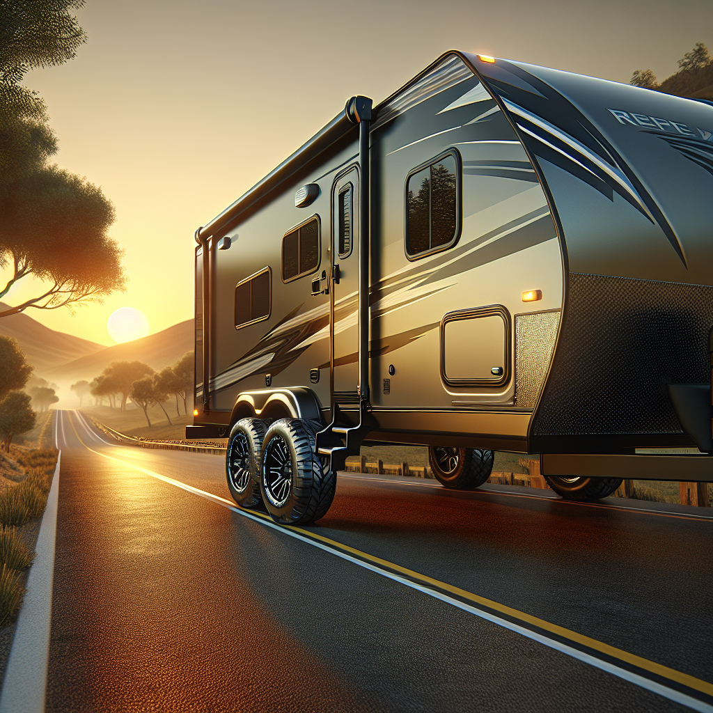 A travel trailer parked on a scenic road during sunset, highlighting its tires and surrounding landscape.