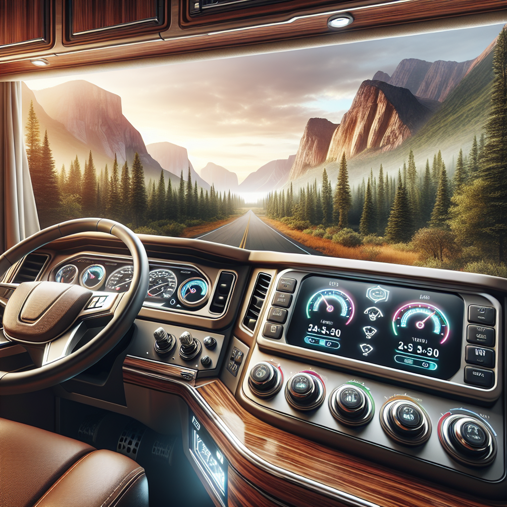 A tire pressure monitoring system on an RV dashboard with a scenic outdoor view.