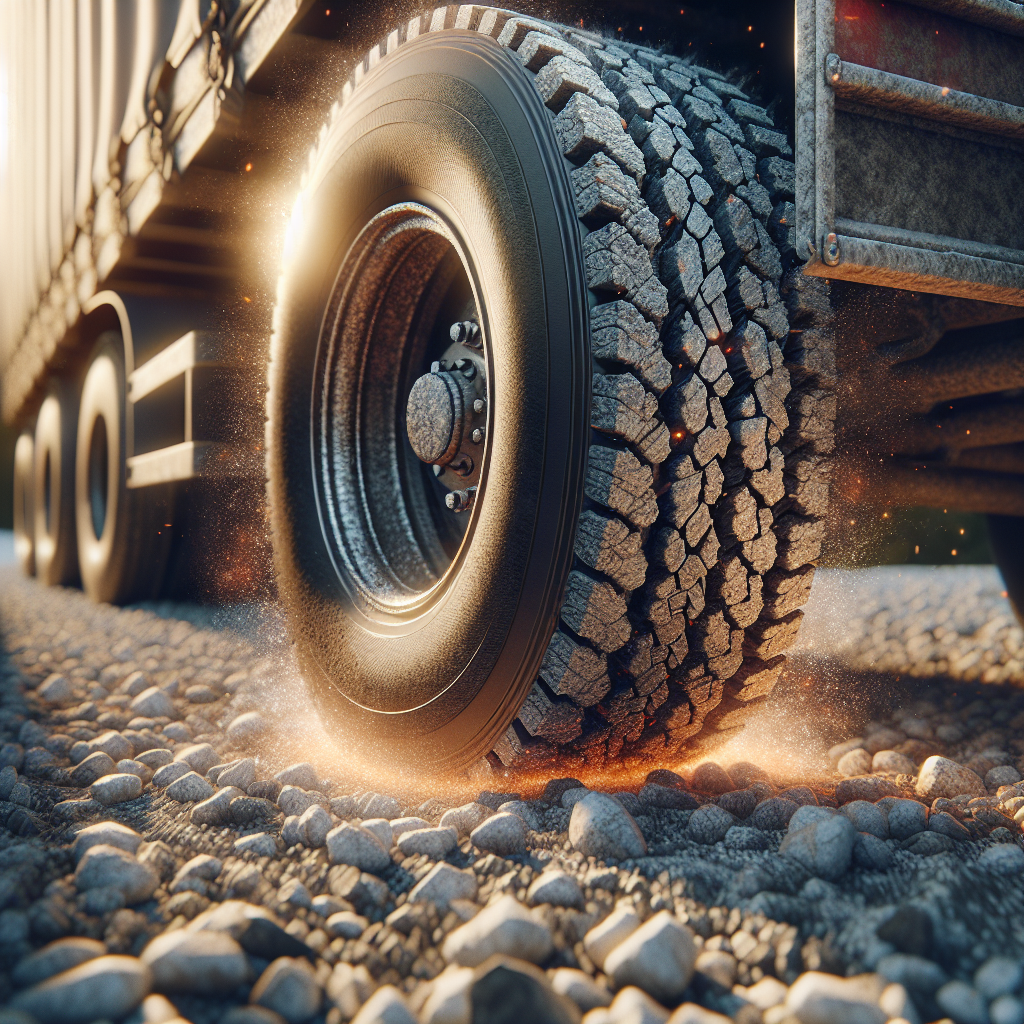 Close-up of a trailer tire on a gravel road, with visible tread and heat shimmer.