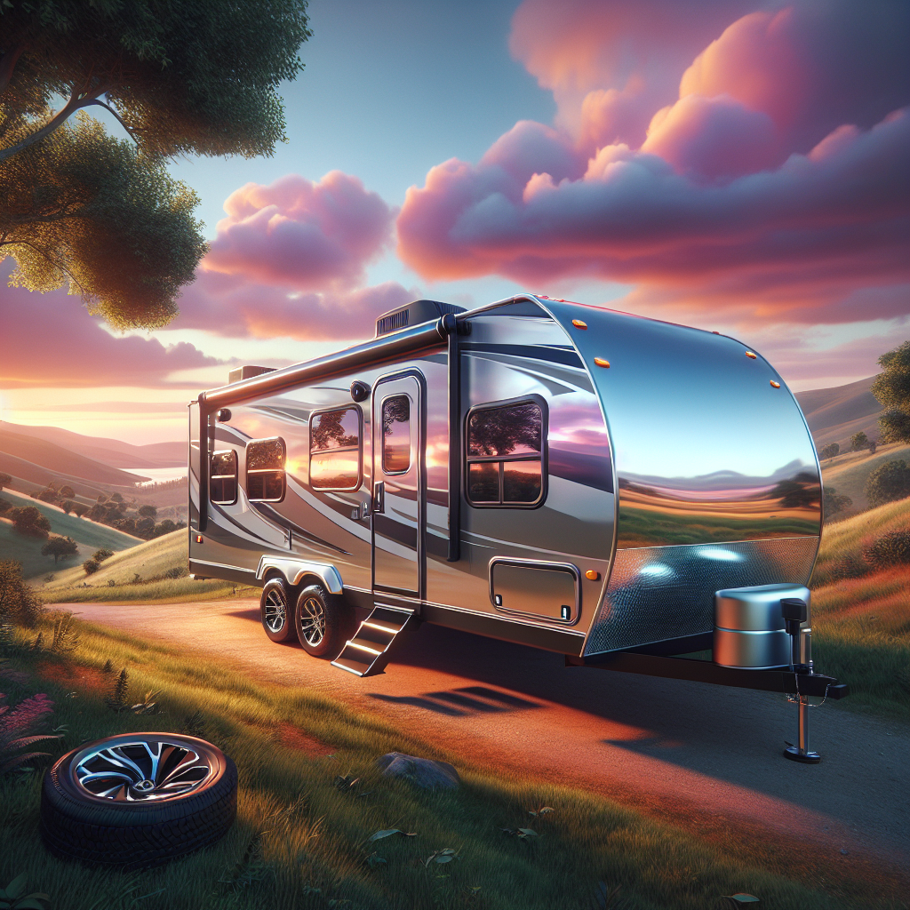 A travel trailer parked in a beautiful sunset landscape.