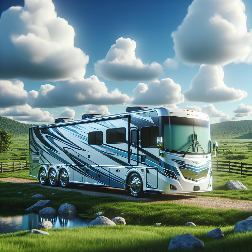 A modern RV parked in a landscape, highlighting its tire pressure monitoring system.