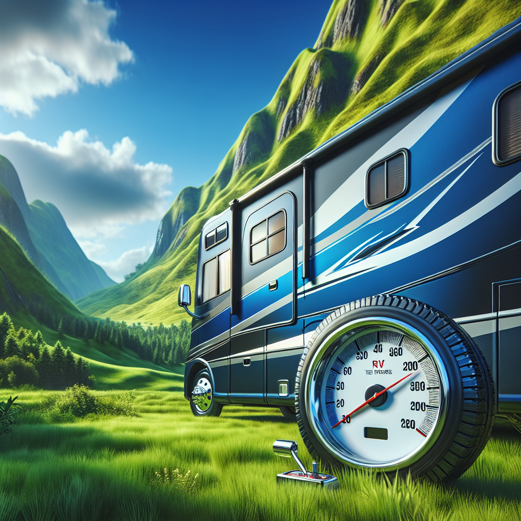 An RV parked on a scenic route with a tire gauge showing optimal tire pressure.