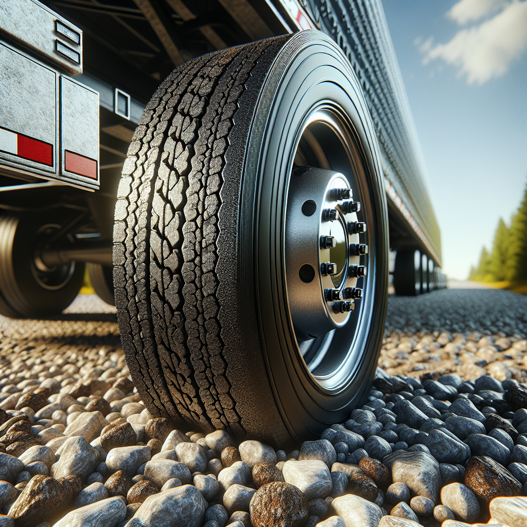 A close-up of a trailer tire on a gravel road, showcasing tire tread patterns and surroundings.