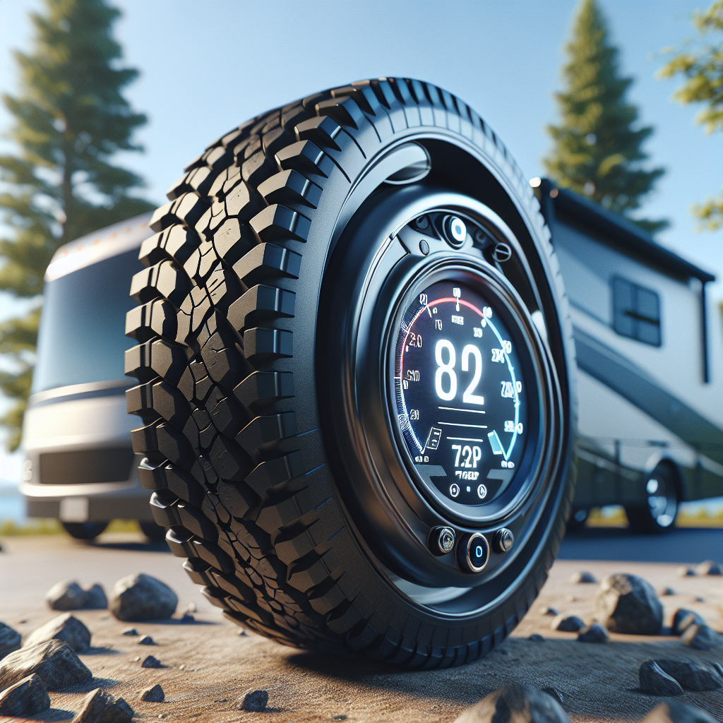 An RV tire pressure monitoring system displayed with a tire and digital readout.