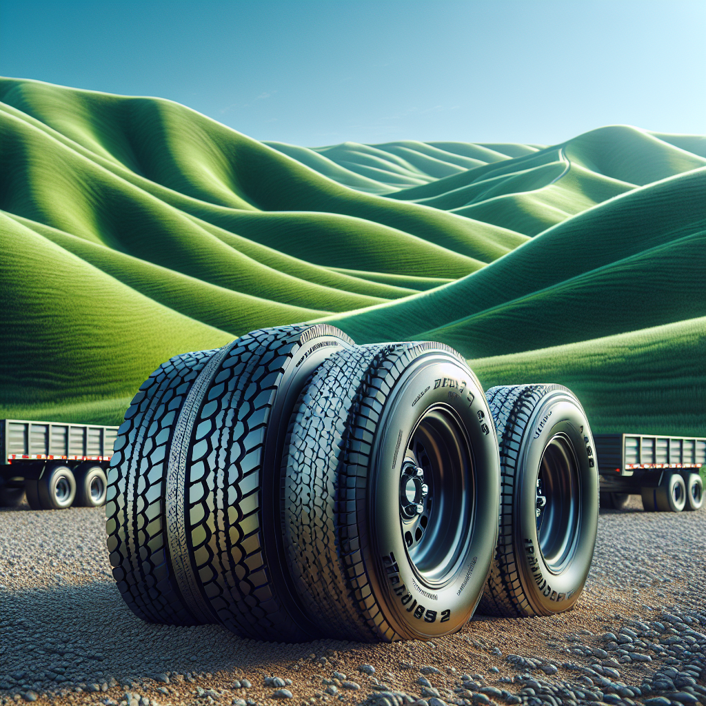 A close-up view of trailer tires on gravel, with green hills and a blue sky in the background.