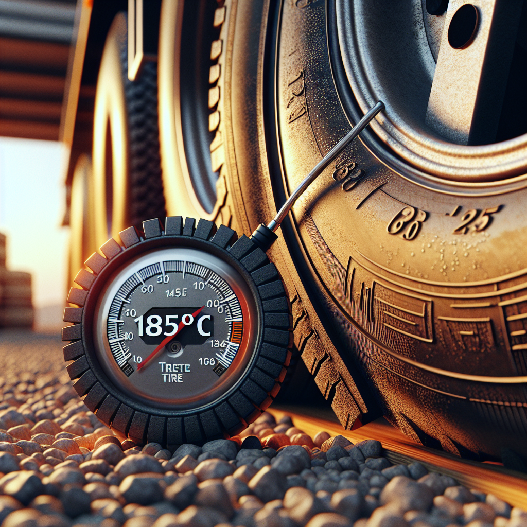 A tire thermometer showing a temperature of 185°F next to a trailer tire on a gravel surface.
