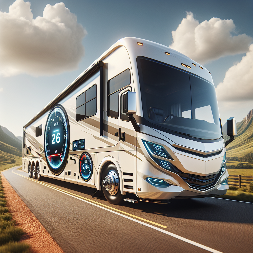 An RV with a Tire Pressure Monitoring System display on a scenic route.