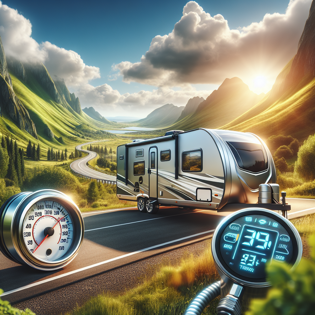 A travel trailer parked on a scenic road, surrounded by green hills and blue skies, showcasing a tire pressure monitoring system.