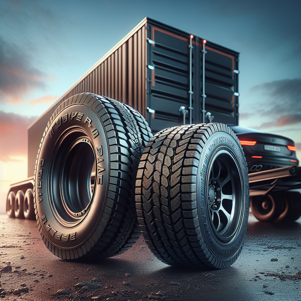 Comparison of a trailer tire and a car tire side by side.