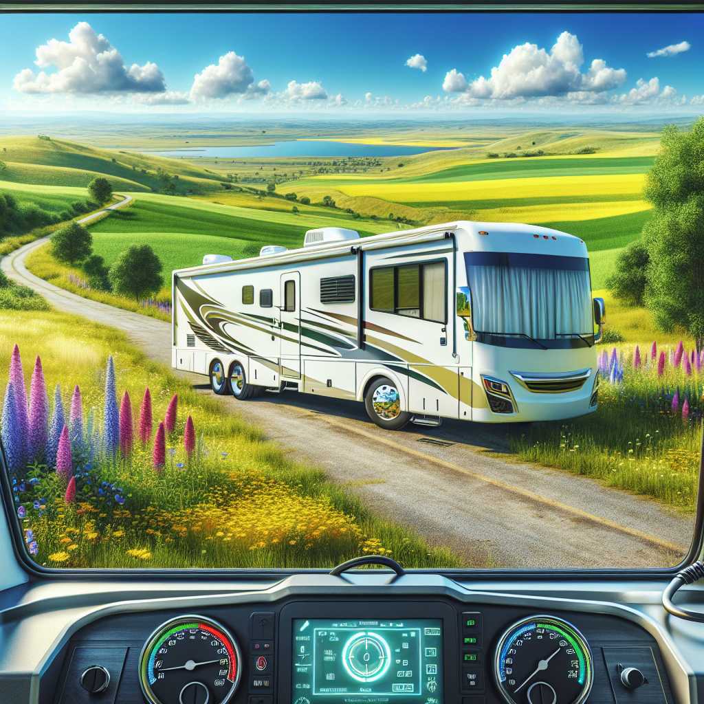 A modern RV parked on a scenic countryside road with lush greenery and a clear blue sky.