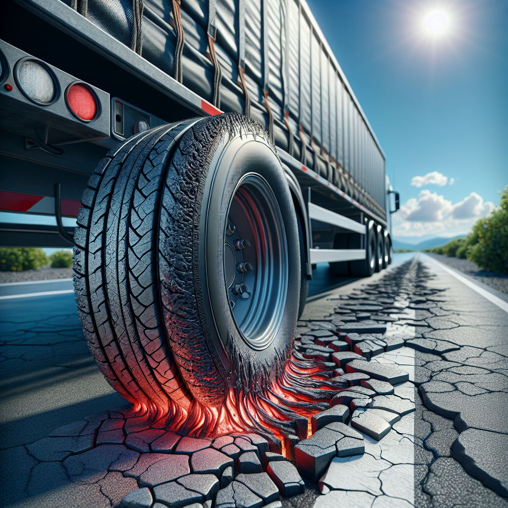 An overheated tire on a trailer showing signs of wear on a cracked asphalt road.