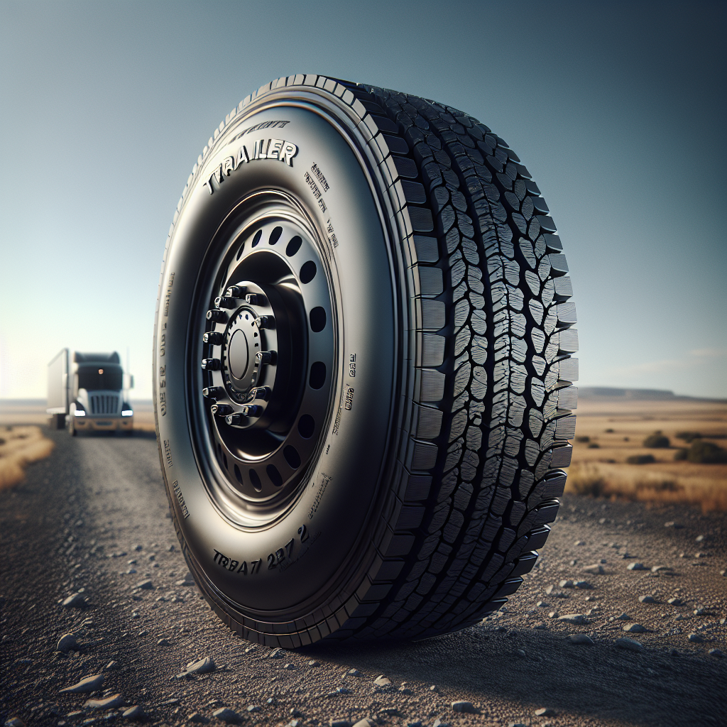 A close-up of a trailer tire on a dirt road with a scenic landscape in the background.