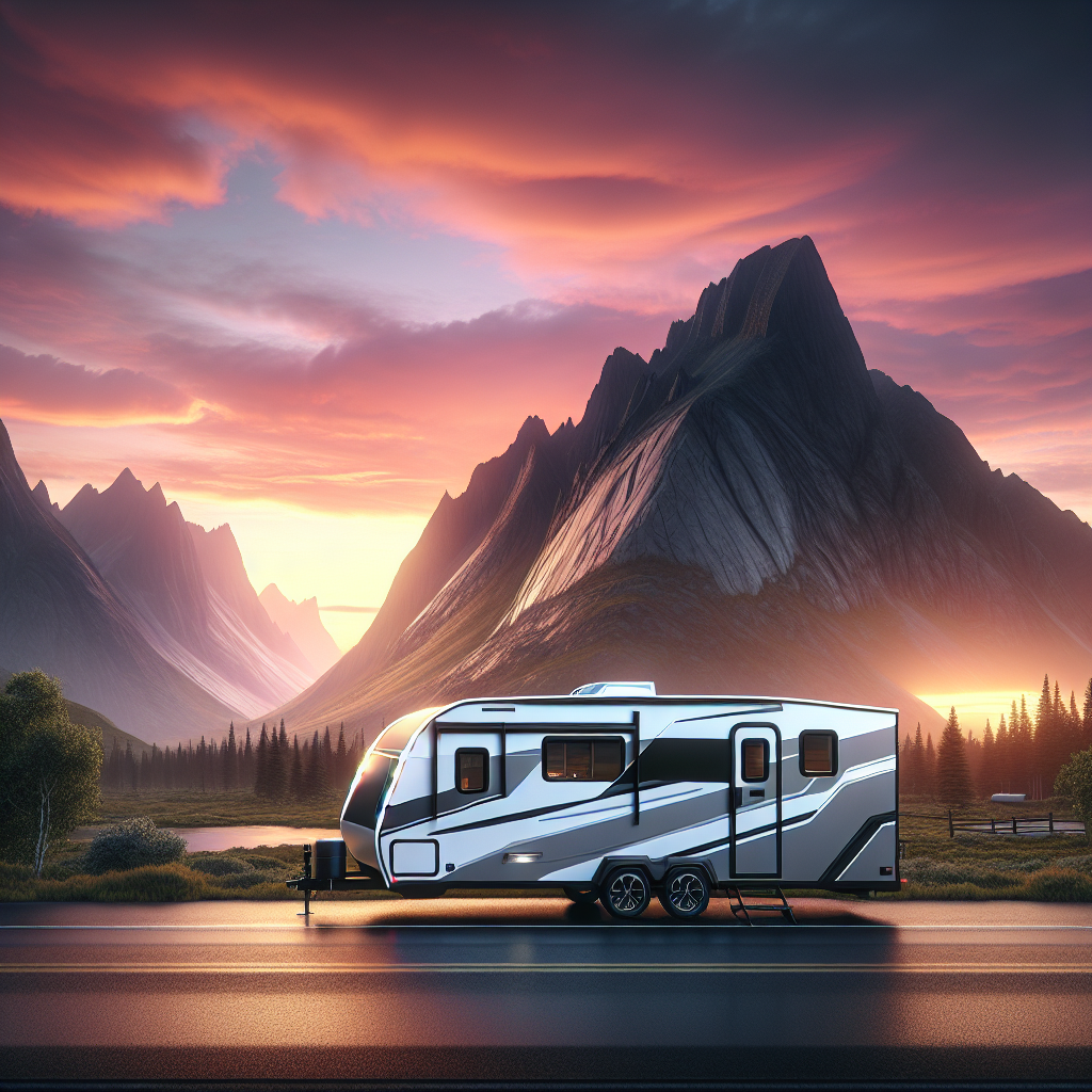 A travel trailer parked on an open road with a sunset backdrop.