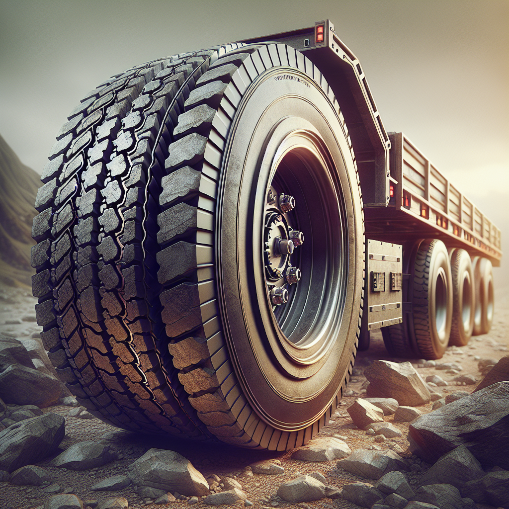 A close-up view of a robust trailer tire on a gravel road.