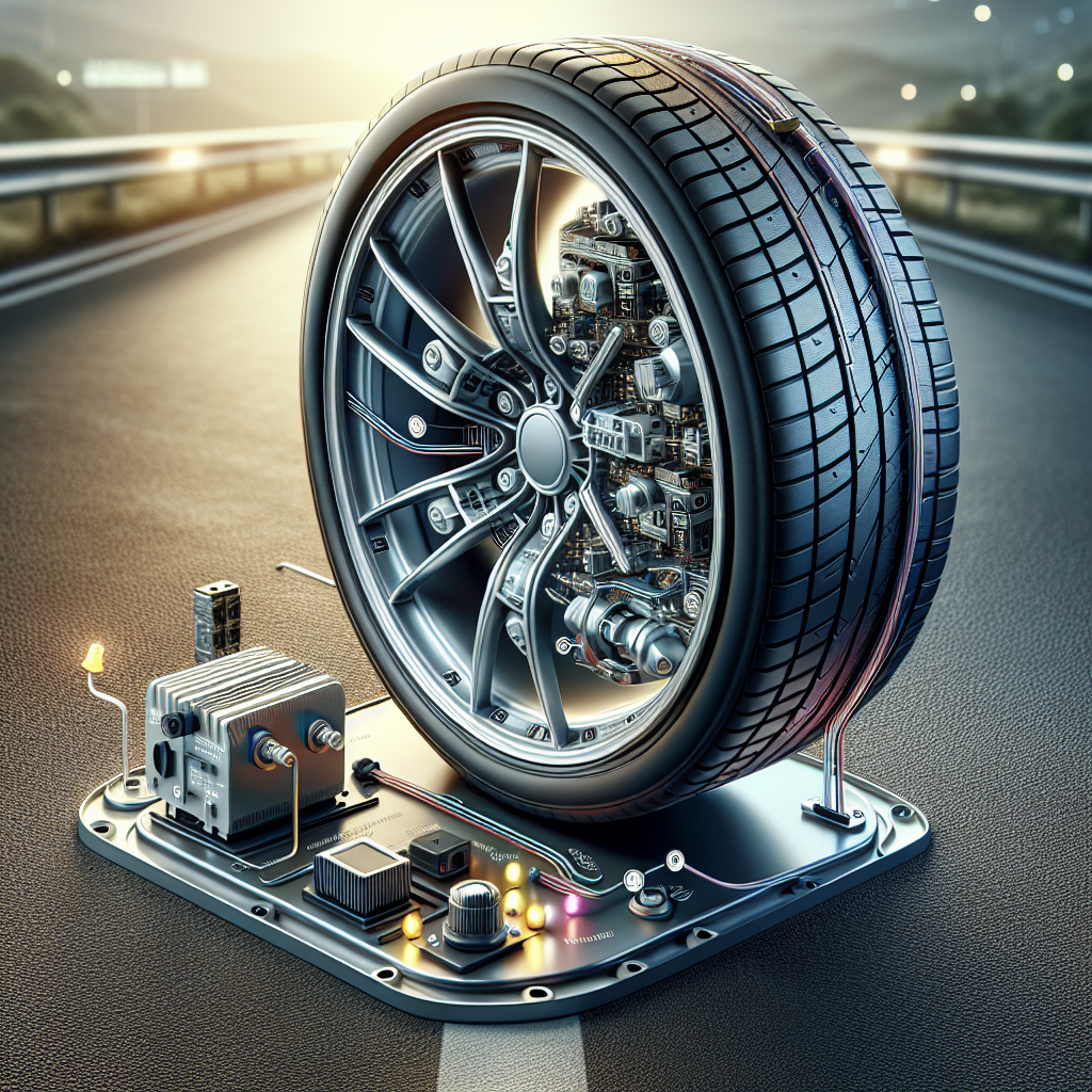 A cutaway view of a Tire Pressure Monitoring System showing sensor units, a control module, and warning indicators.