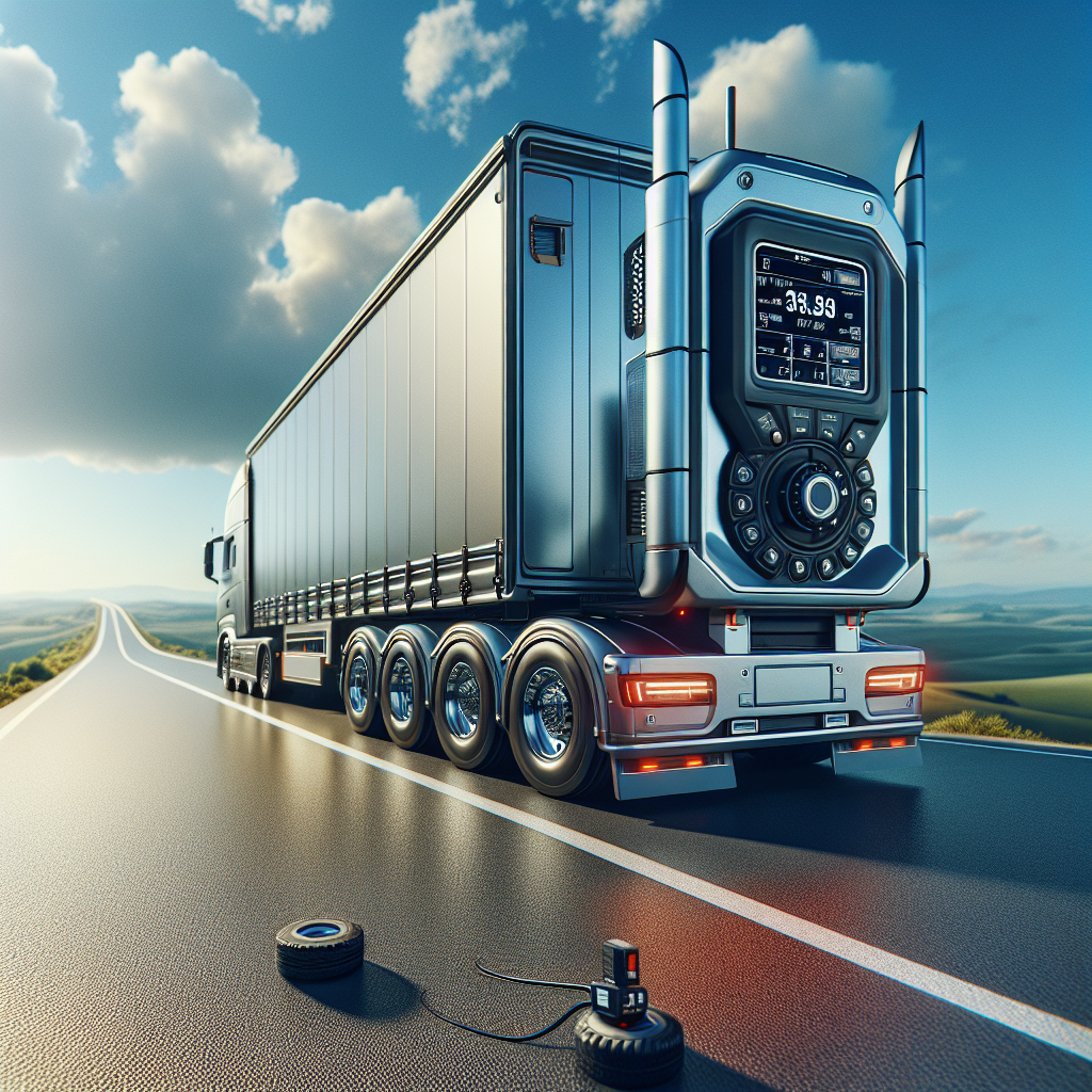 A trailer on the road with a visible tire pressure monitoring system.