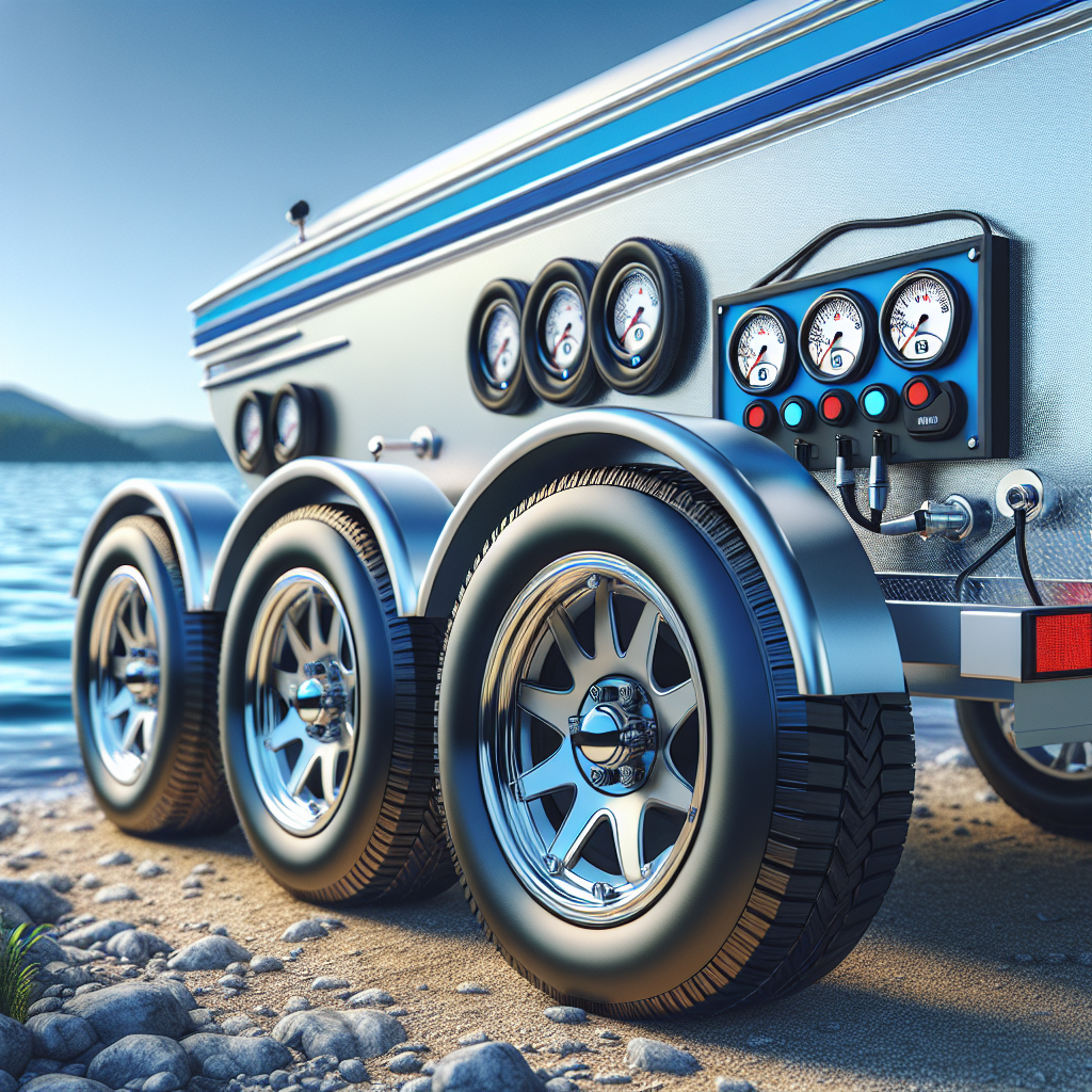 A boat trailer with a tire pressure monitoring system at a lakeside.