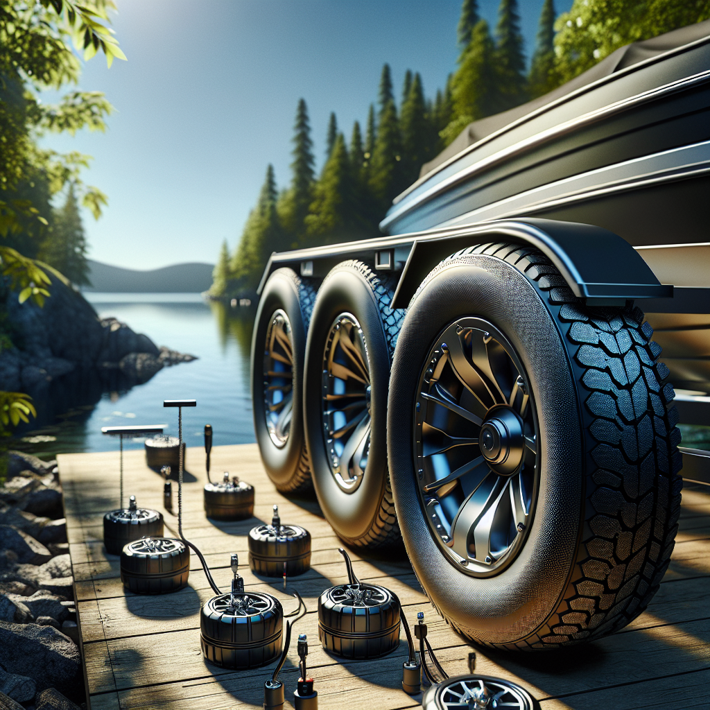 A boat trailer with a tire pressure monitoring system parked by a lake.