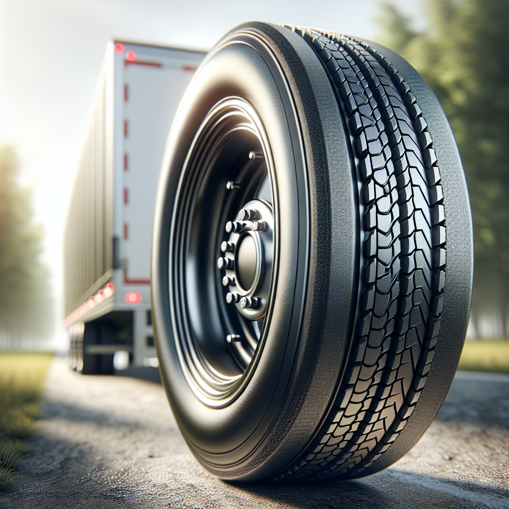 Close-up of a high-performance trailer tire on a blurred grassy landscape.