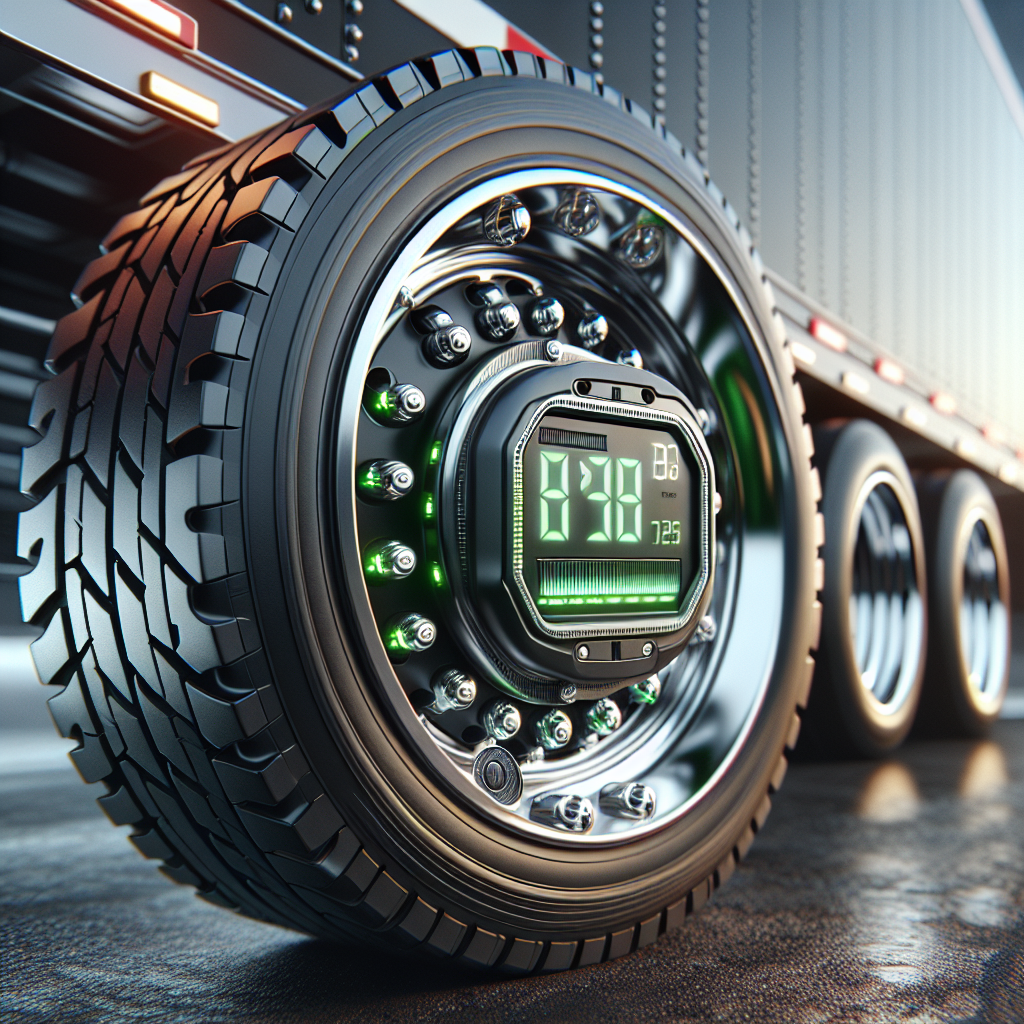 A close-up of a trailer tire pressure monitoring system display with a trailer and tire in the background.