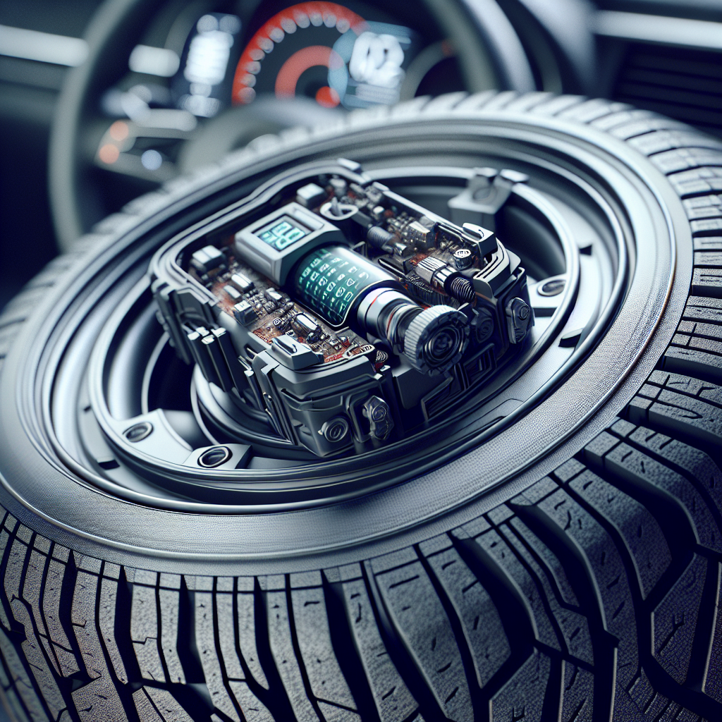 A close-up of a Tire Pressure Monitoring System setup with a tire and sensor visible.