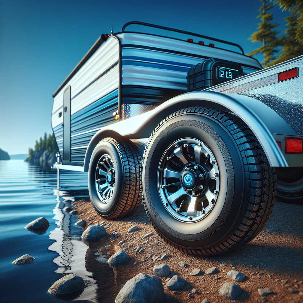 A realistic depiction of a boat trailer with a tire pressure monitoring system, set against a serene lakeside background.