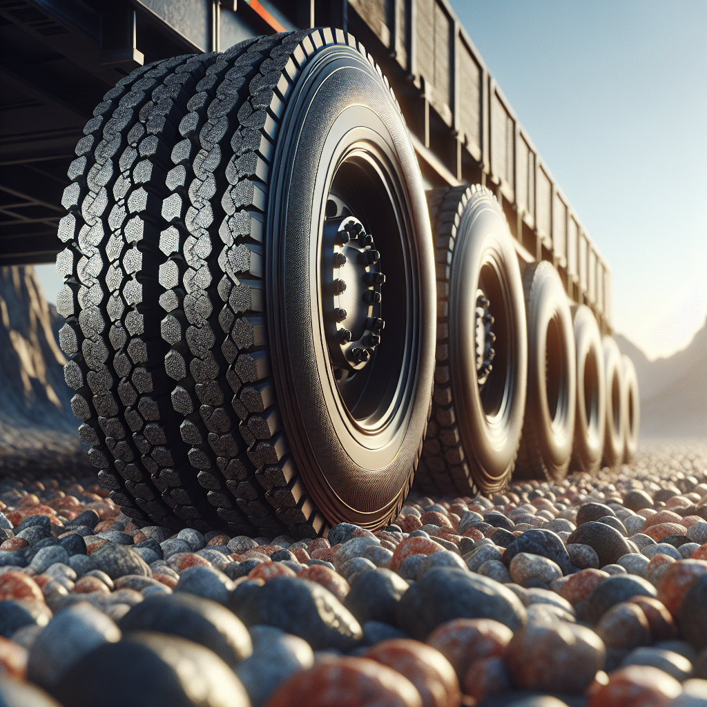 A close-up view of trailer tires on a gravel path.