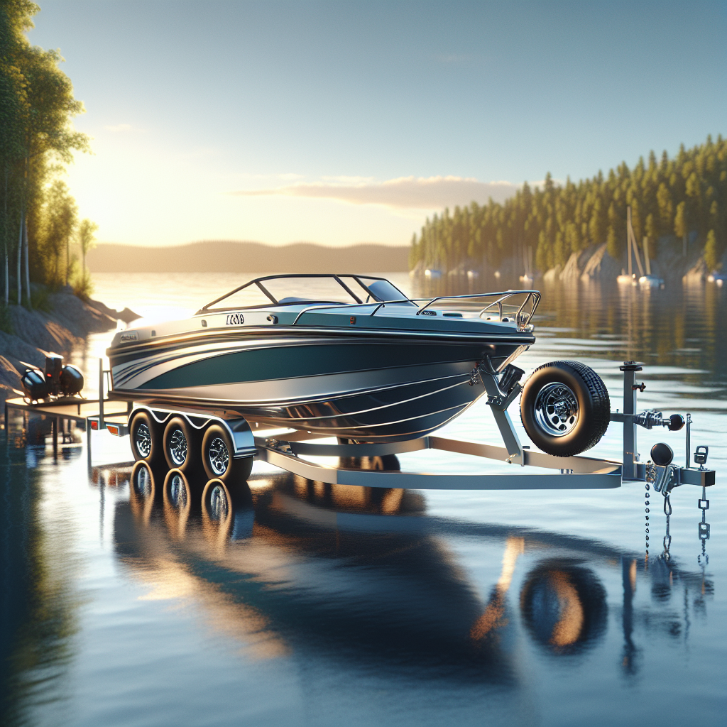 A boat trailer near a lakeside at sunset, emphasizing its tire pressure monitoring system.