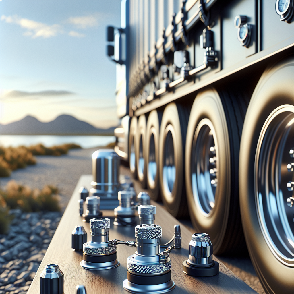 A close-up view of a tire pressure monitoring system (TPMS) on a trailer, highlighting the sensors and properly inflated tires.