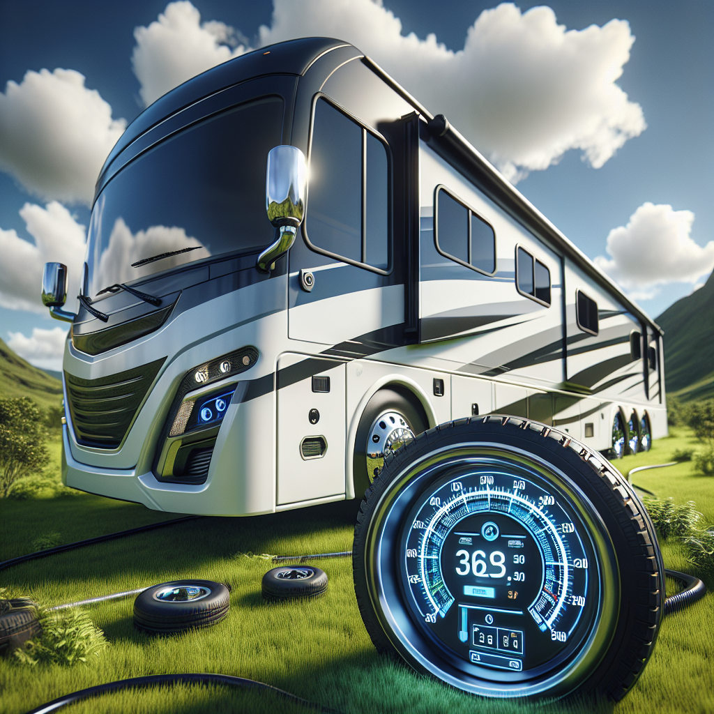 A close-up of an RV tire showcasing a tire pressure monitoring system display in a scenic landscape.