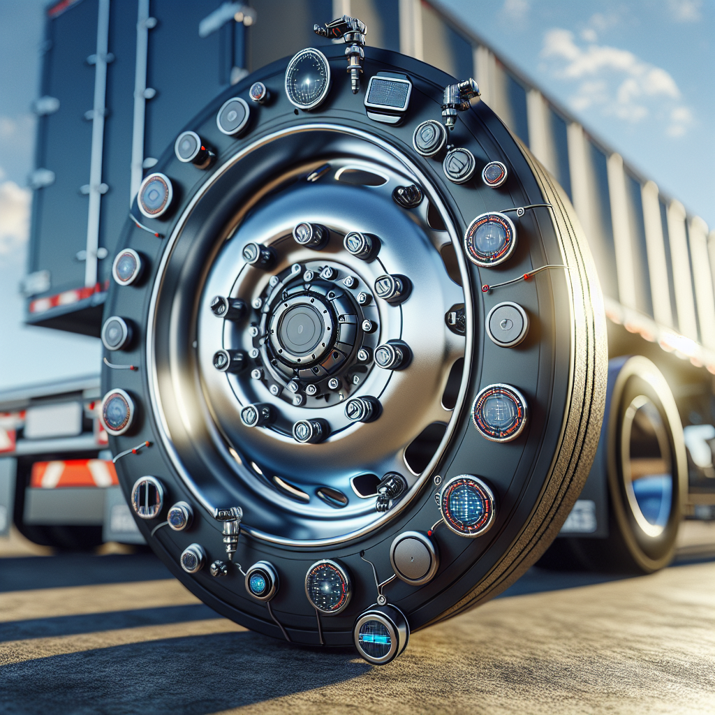 A detailed view of a tire pressure monitoring system integrated in a trailer wheel.