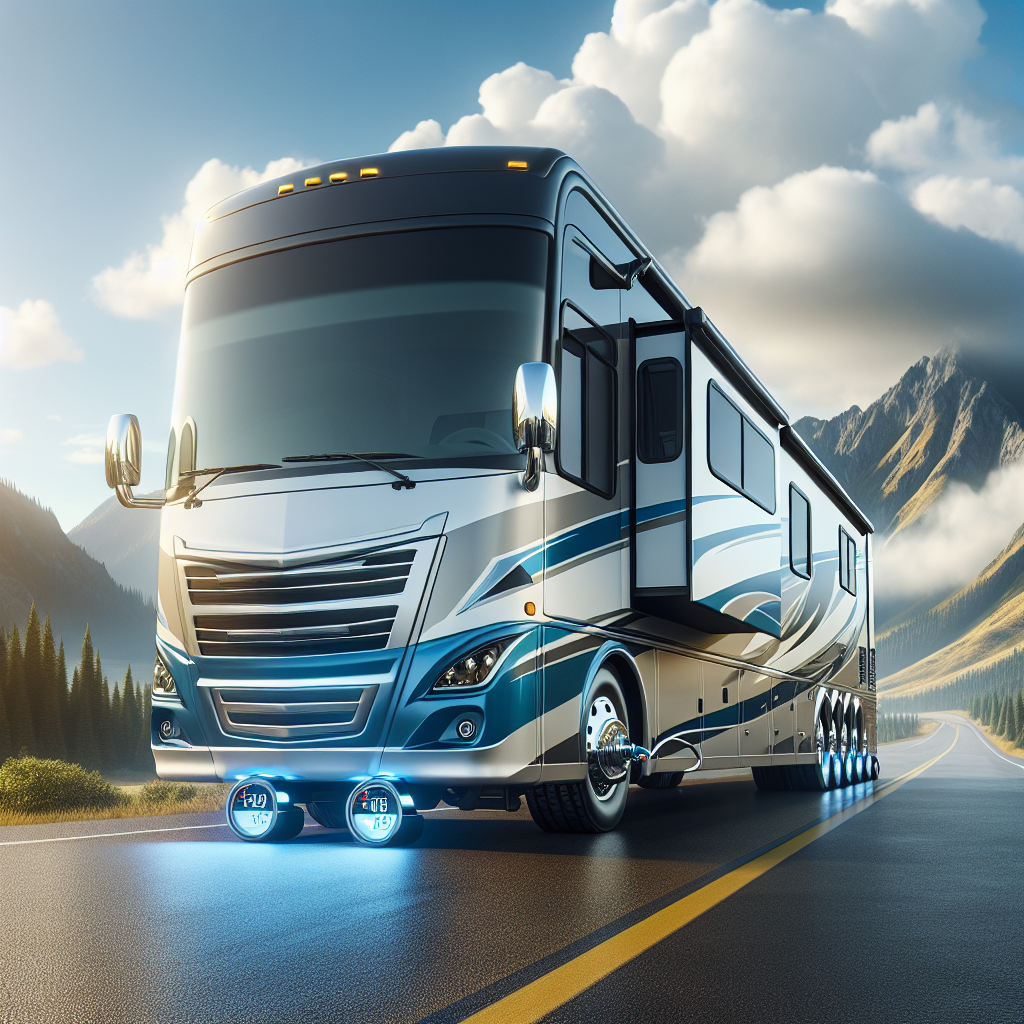 An RV with visible tire pressure monitoring sensors parked on a scenic highway against a mountainous backdrop.